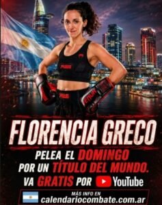 Florencia Greco, boxeadora de Muay Thai argentina, en la placa de anuncio de su pelea del domingo