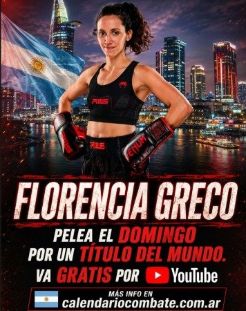 Florencia Greco, boxeadora de Muay Thai argentina, en la placa de anuncio de su pelea del domingo